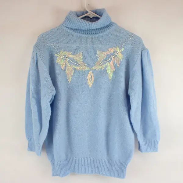 Andene Light Blue Turtleneck SweaterApplique Faux Pearl Long Sleeve Women's L