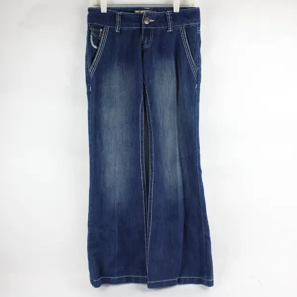 Vtg Y2K Tyte Women's 5 Dark Wash/White Stitching Low Rise Flare Leg Denim Jeans