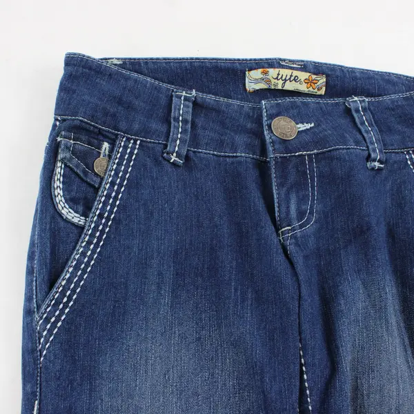 Vtg Y2K Tyte Women's 5 Dark Wash/White Stitching Low Rise Flare Leg Denim Jeans