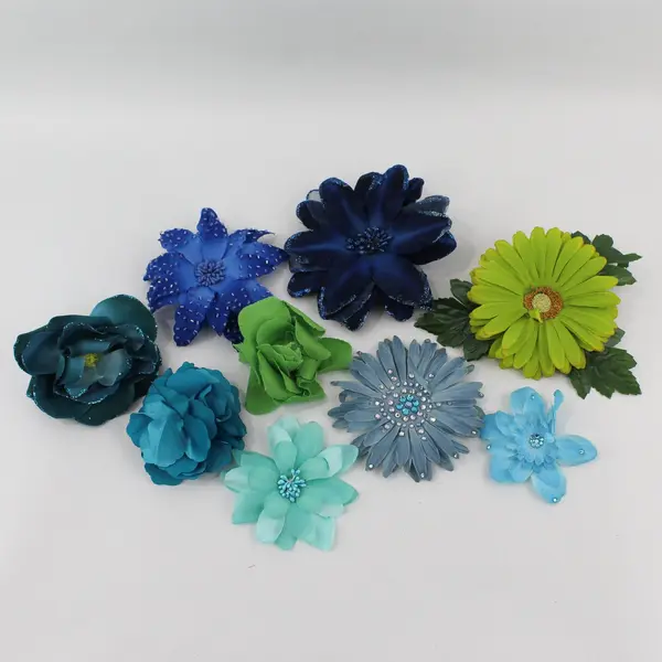 Lot of 9 Blue Green Artificial Flower Clips and Brooches