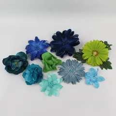 Lot of 9 Blue Green Artificial Flower Clips and Brooches
