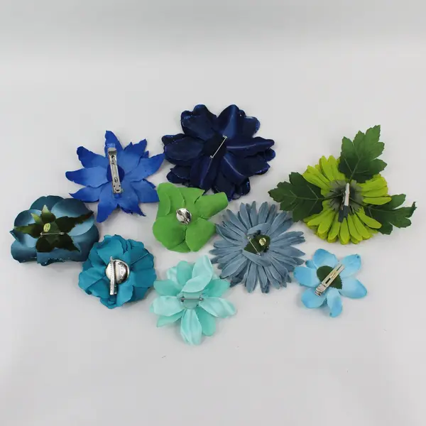 Lot of 9 Blue Green Artificial Flower Clips and Brooches