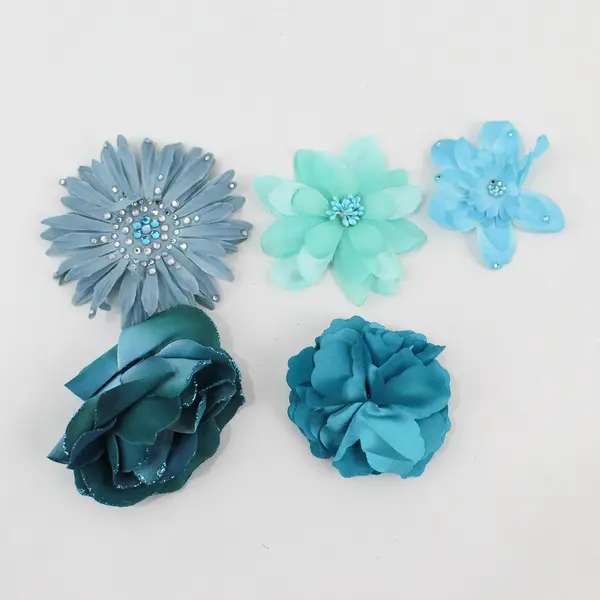 Lot of 9 Blue Green Artificial Flower Clips and Brooches