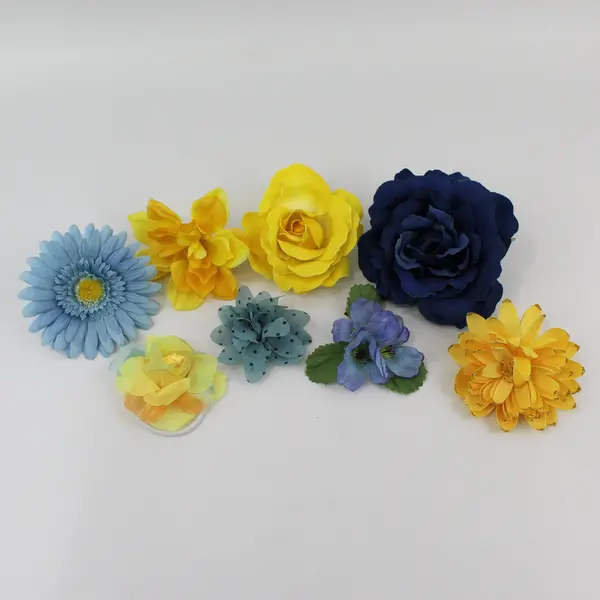 Lot of 8 Blue Yellow Artificial Flower Clips and Brooches