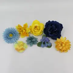 Lot of 8 Blue Yellow Artificial Flower Clips and Brooches