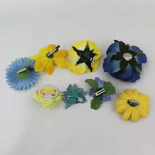 Lot of 8 Blue Yellow Artificial Flower Clips and Brooches