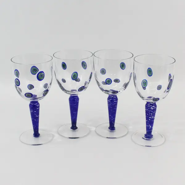 4 Vintage Millefiori Design Handblown Wine Glasses Cobalt Blue Stems 