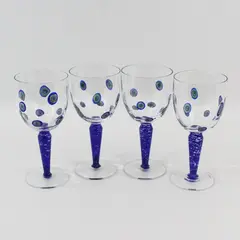 4 Vintage Millefiori Design Handblown Wine Glasses Cobalt Blue Stems 