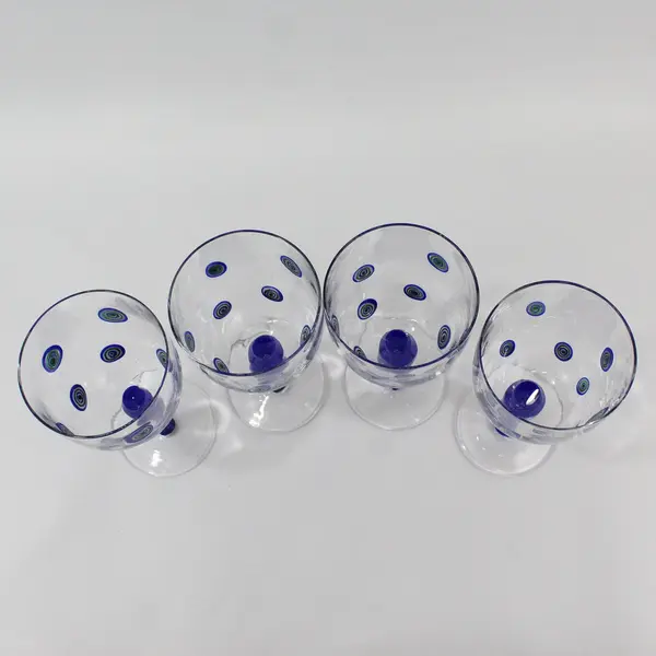4 Vintage Millefiori Design Handblown Wine Glasses Cobalt Blue Stems 