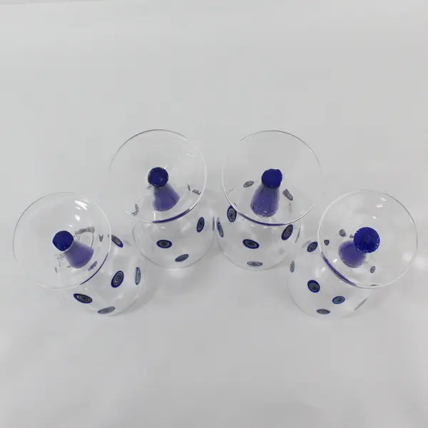 4 Vintage Millefiori Design Handblown Wine Glasses Cobalt Blue Stems 