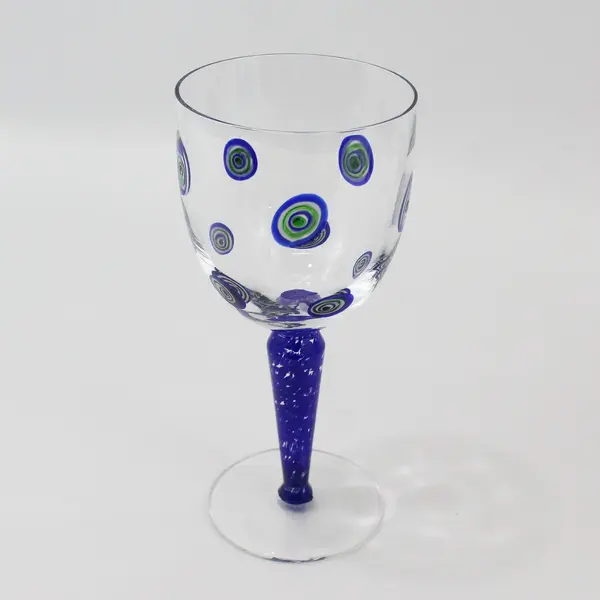4 Vintage Millefiori Design Handblown Wine Glasses Cobalt Blue Stems 