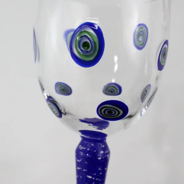 4 Vintage Millefiori Design Handblown Wine Glasses Cobalt Blue Stems 