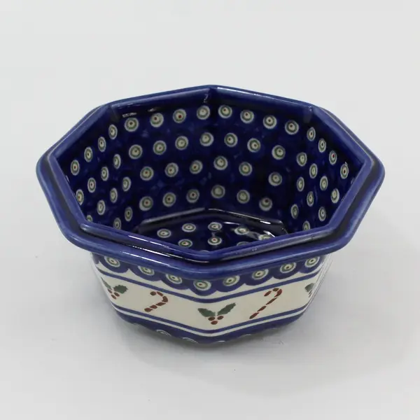 Boleslawiec Polish Pottery Candy Cane Holly Octagon Bowl 6.5"