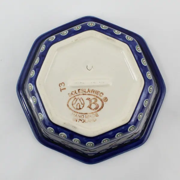 Boleslawiec Polish Pottery Candy Cane Holly Octagon Bowl 6.5"