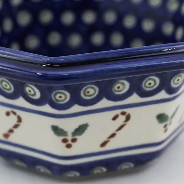 Boleslawiec Polish Pottery Candy Cane Holly Octagon Bowl 6.5"