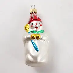 Vintage Handblown Mercury Glass Snowman With Broom & Red Cap 3" Long