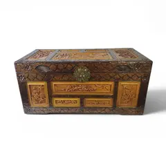 Vintage Hand-Carved Asian Wooden Storage Chest Jewelry Box Trunk Floral Relief