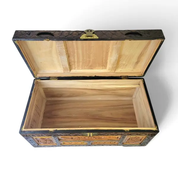 Vintage Hand-Carved Asian Wooden Storage Chest Jewelry Box Trunk Floral Relief