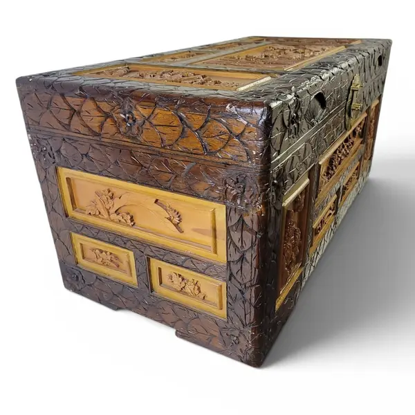 Vintage Hand-Carved Asian Wooden Storage Chest Jewelry Box Trunk Floral Relief
