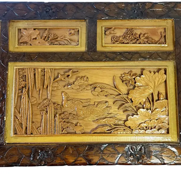 Vintage Hand-Carved Asian Wooden Storage Chest Jewelry Box Trunk Floral Relief