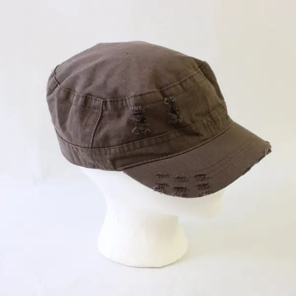 Brown Frayed Herringbone Textured Elastic Band Army Style Cap