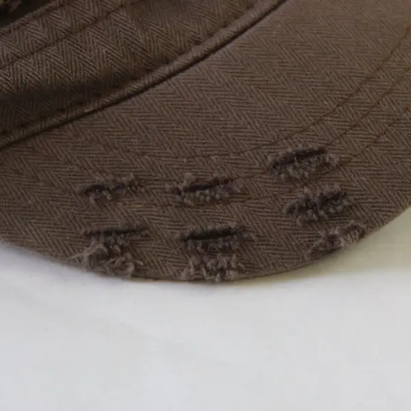 Brown Frayed Herringbone Textured Elastic Band Army Style Cap