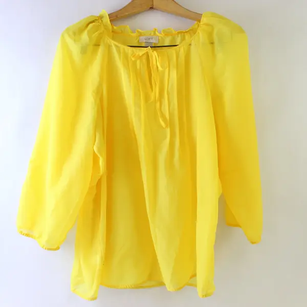 LOFT Women’s Solid Yellow Sheer Tie Neckline 3/4 Sleeve Blouse Size L