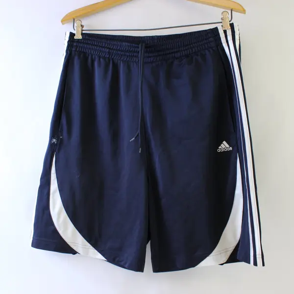 Adidas Navy Blue with White Stripes and Curved White Hem Athletic Shorts Men's M
