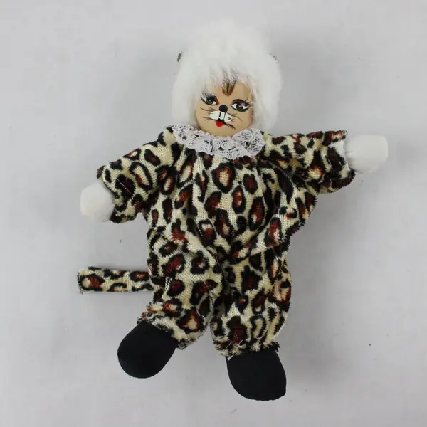 Vintage Leopard Cat Clown Porcelain Face Doll 6"