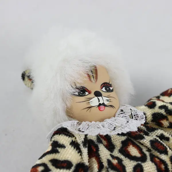 Vintage Leopard Cat Clown Porcelain Face Doll 6"