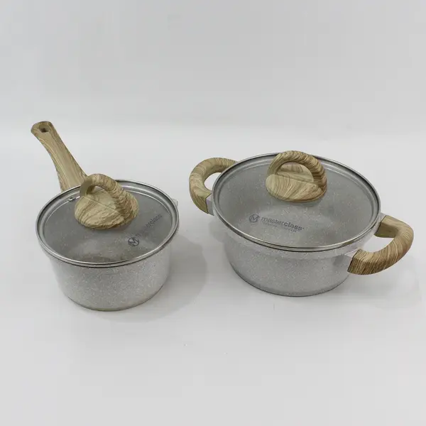 Lot of 2 MasterClass Gray Speckled Ceramic Saucepan Pots 10in 11.5in Lids