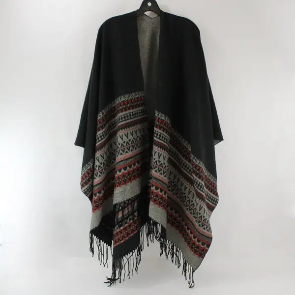 Fringed Shawl Black, Gray and Red Tribal Print One Size