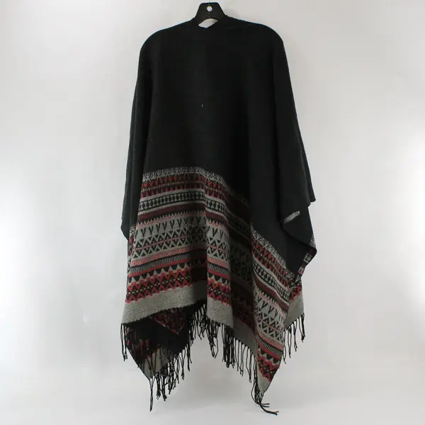 Fringed Shawl Black, Gray and Red Tribal Print One Size