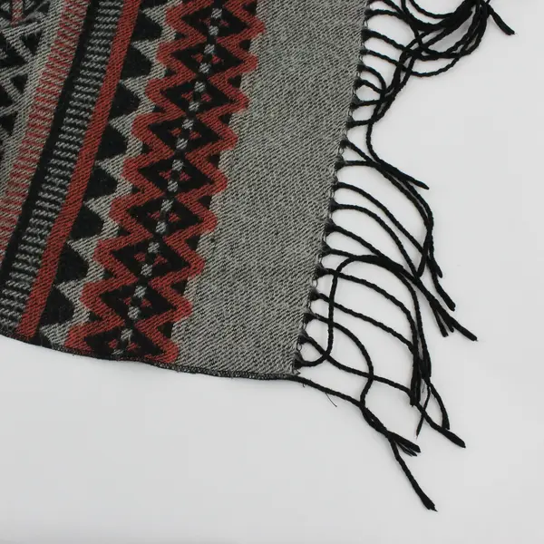 Fringed Shawl Black, Gray and Red Tribal Print One Size