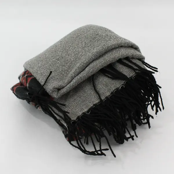 Fringed Shawl Black, Gray and Red Tribal Print One Size