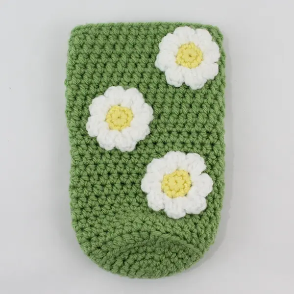 Luoto Handmade Green Crochet Can Koozie Pouch White Daisy Flowers