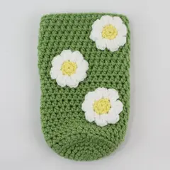 Luoto Handmade Green Crochet Can Koozie Pouch White Daisy Flowers