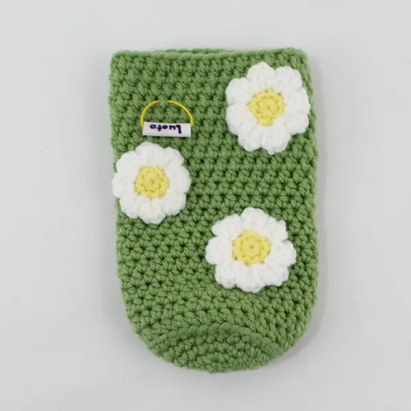Luoto Handmade Green Crochet Can Koozie Pouch White Daisy Flowers