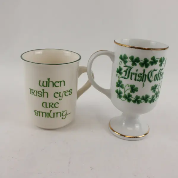 Lot of 2 Carrigaline Pottery Irish Ceramic Mugs Gold Trim Green Rim