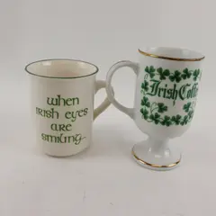 Lot of 2 Carrigaline Pottery Irish Ceramic Mugs Gold Trim Green Rim