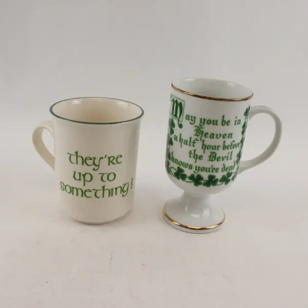 Lot of 2 Carrigaline Pottery Irish Ceramic Mugs Gold Trim Green Rim