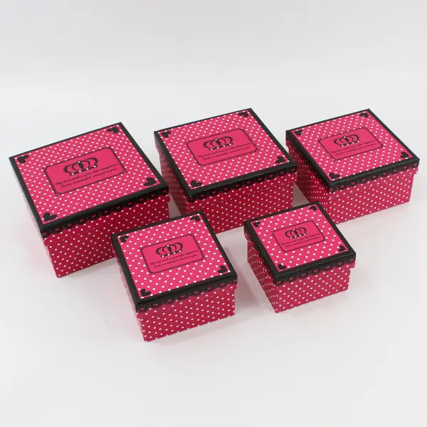 Daiso Japan Pink and White Polka Dot Paper Cardboard Nesting Gift Box Set of 5 