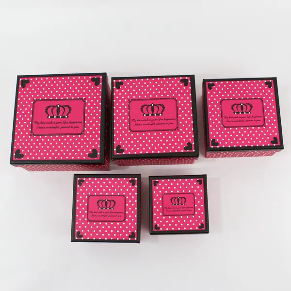 Daiso Japan Pink and White Polka Dot Paper Cardboard Nesting Gift Box Set of 5 