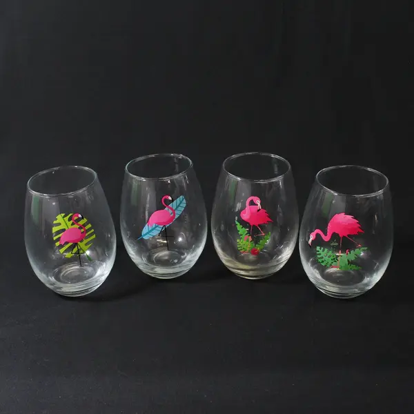 Lot Of 4 Unbranded Flamingo Printed Matching Clear Stemless Wine Glasses 5" Tall