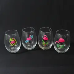 Lot Of 4 Unbranded Flamingo Printed Matching Clear Stemless Wine Glasses 5" Tall