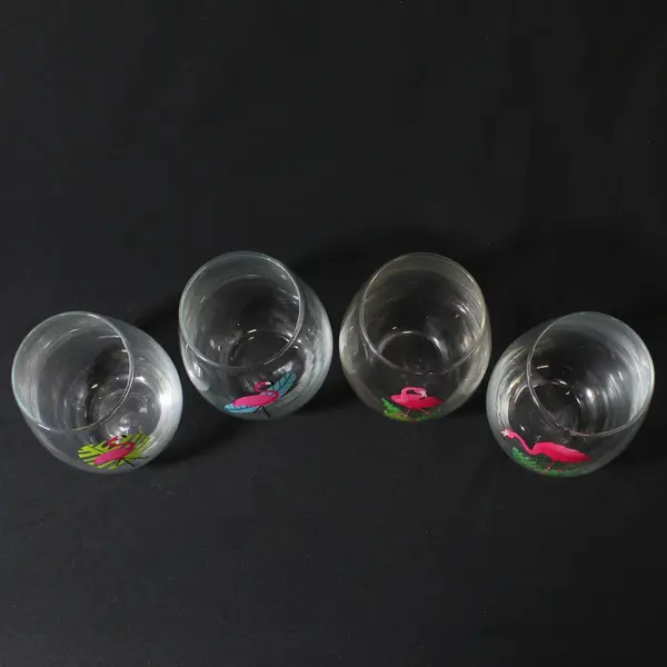 Lot Of 4 Unbranded Flamingo Printed Matching Clear Stemless Wine Glasses 5" Tall