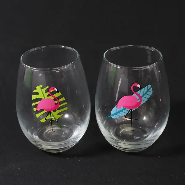 Lot Of 4 Unbranded Flamingo Printed Matching Clear Stemless Wine Glasses 5" Tall