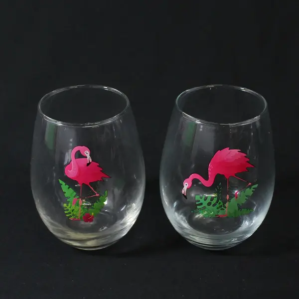 Lot Of 4 Unbranded Flamingo Printed Matching Clear Stemless Wine Glasses 5" Tall