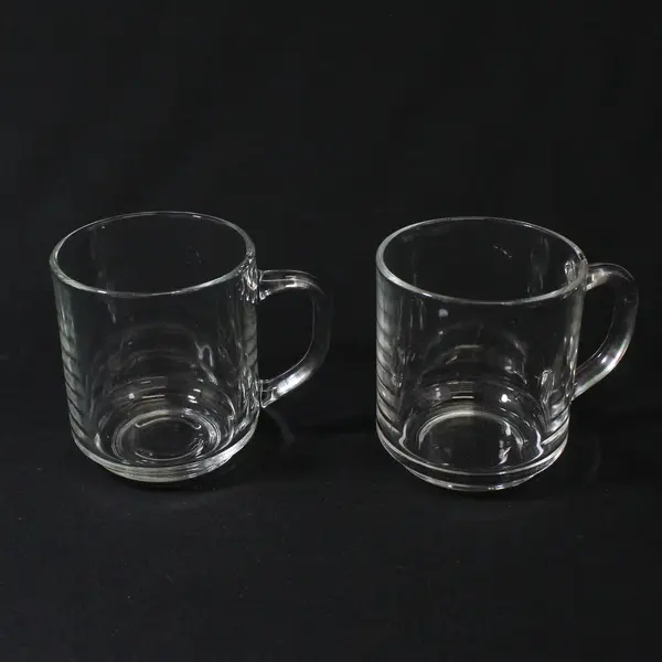 Lot Of 2 Luminarc / Arcoroc Classique Pattern Clear Glass Mugs 3.75" Tall