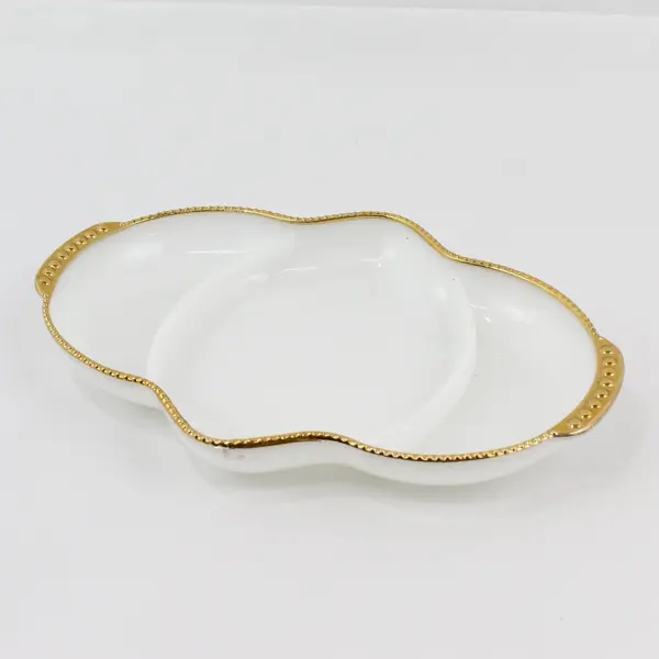 Vintage  Anchor Hocking Fire King Milk Glass Divided Relish Dish With Gold Trim